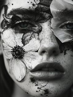 a woman's face with flowers painted on it and black and white makeup,