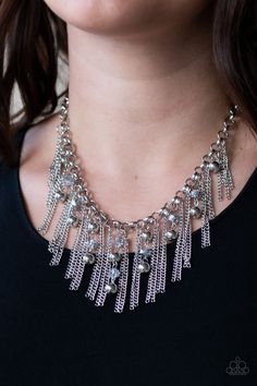 Glistening silver chains and strands of metallic crystal-like beads and glistening silver beads stream from the bottom of a bold silver chain, creating a sassy fringe below the collar. Features an adjustable clasp closure. Sold as one individual necklace. Includes one pair of matching earrings. Pink Friday, Silver Chains, Fringe Necklace, Paparazzi Accessories, Inspired Jewelry, Beaded Fringe, Metallic Blue, Inspiration Boards, Affordable Jewelry