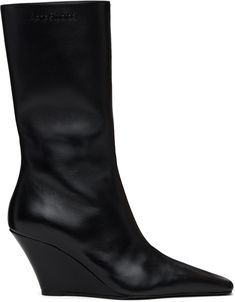 Mid-calf grained nappa leather boots in black. · Pointed square toe · Logo embossed at outer side · Zip closure at inner side · Concealed elasticized gusset · Grained leather lining · Covered wedge heel with rubber injection · Leather sole with rubber injection · Heel: H3 Supplier color: Black Square Toe Leather Boots, Round Toe Shoes, Black Boots Tall, Buckle Boots, Rubber Boots, Leather Wedges, Wedge Boots, Mid Calf Boots, Tall Boots