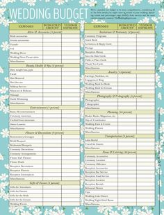 the wedding budget sheet is shown in blue and white with flowers on it, as well as