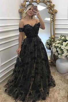 Black Formal Dresses, Dresses With Appliques, Formal Prom Dresses Long, Sweetheart Prom Dress, Lace Prom Dress, Black Dress Formal, Black Formal