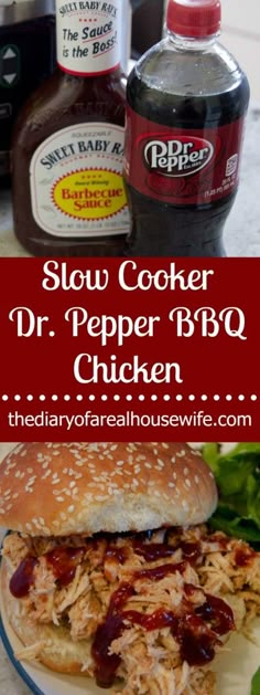 slow cooker dr pepper bbq chicken sandwich on a plate with ketchup