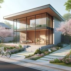 an artist's rendering of a modern house with trees and flowers in the front yard