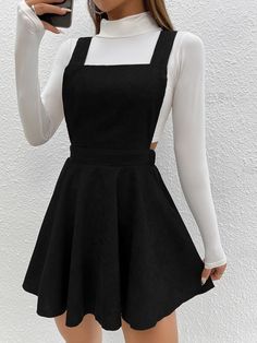 Black Casual Collar Sleeveless Fabric Plain Pinafore Embellished Non-Stretch  Women Clothing Cute Black And White Dress, Black Skirt Overalls Outfit, Black Cute Clothes, Cute Female Outfits, Black Simple Outfit, Preppy Black Dress, Cute Black Outfits, Dresses From Shein, Outfit With Dress