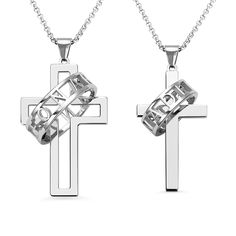 Font:Crafted in sterling silver 925, this necklace features cross and ring to make a modern and stylish appearance. For couple who have sincere faith and love, this necklace with significant meaning is not only a great way to let your faith close to your heart and inspire your strength, but also a shining witness of your deep love. Sterling Silver Cross Pendant Necklace For Anniversary, Matching Cross Necklaces For Couples, Silver Symbolic Cross Necklace As Gift, Couples Symbols, Silver Cross Pendant Necklaces For Valentine's Day, Nickel-free Cross Pendant Necklace As Gift, Meaningful Necklace, Sterling Silver Cross Necklace, Mens Crosses