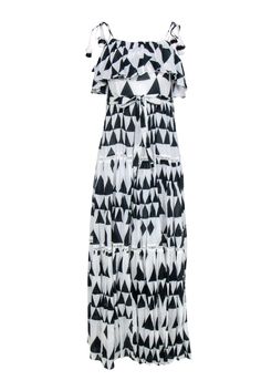 Current Boutique-Place Nationale - White & Navy Geometric Print Tiered Maxi Dress w/ Eyelet Trim Sz S Cotton Pullover, Tiered Maxi Dress, Wide Brimmed Hats, Hippie Chic, Brim Hat, Art Deco Design, Gladiator Sandals, Geometric Print, Music Festival