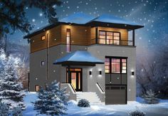 a house in the snow with lights on and stairs leading up to it's second story