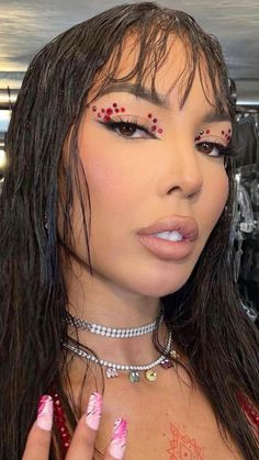 Red Festival Makeup, Eye Gems Makeup, Rave Moodboard, Alexa Mareka, Red Makeup Looks, Jewel Makeup, Futuristic Makeup, Gem Makeup, Concert Makeup