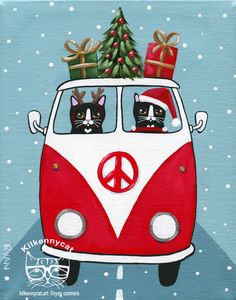 a painting of two cats in a vw bus with presents on top