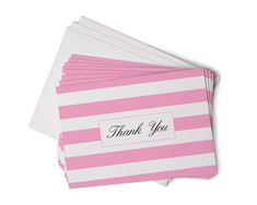 pink and white striped thank cards with the word thank you written on one side in black ink