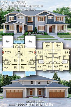 two story house plans with garages and living quarters in the front, an open floor plan