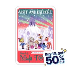 a sticker with the words visit and explore in front of an image of cartoon characters