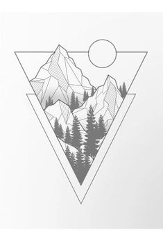 a triangle with mountains and trees in the middle is shown on a white paper background