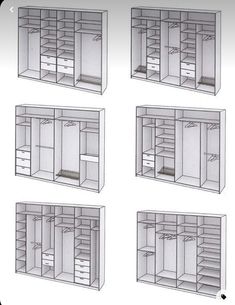 four different types of closets are shown in this drawing, each with drawers and shelves