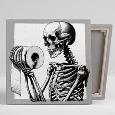 a skeleton holding a roll of toilet paper in it's right hand and looking at the viewer