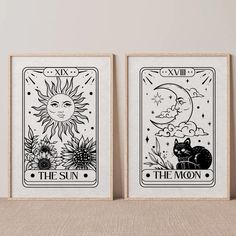 two black and white tarot cards depicting the sun and the moon