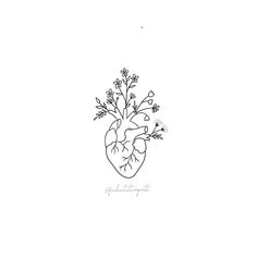 a black and white drawing of a heart with flowers