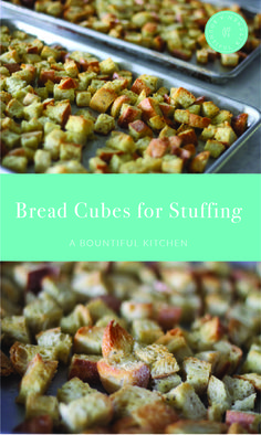 two pans filled with bread cubes for stuffing