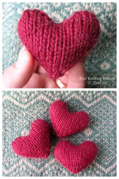 two pictures showing how to make knitted hearts