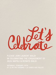 a red and white party card with the words let's celebrate on it in cursive font