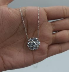 This is a beautiful Lab Grown diamond design pendant.  It is set in real solid 14Kt Gold and the chain is 14Kt Gold as well.  You can choose if you want 14Kt White Gold, 14Kt Yellow Gold or 14Kt Rose Gold.  We have a lot of beautiful jewelry with natural diamonds. If any listing states "diamond" then it is a natural diamond. If the listing states "Lab Grown" it is a Lab Grown diamond. The chain is attached at the top and sits comfortably on you when you wear it. This is the perfect gift for mom, Formal 14k White Gold Round Pendant, White Gold Pendant Jewelry With Diamond Cut, Fine Jewelry 14k White Gold Round Pendant, White Gold Flower Pendant With Single Cut Diamonds, Diamond White Flower Pendant With Single Cut Diamonds, Diamond Cut Pendant Necklace, Dazzling Flower Pendant Jewelry With Single Cut Diamonds, Dazzling Flower Pendant With Single Cut Diamonds, White Gold Diamond Cut Pendant Diamond Necklace