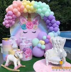 a unicorn themed birthday party with balloons and decorations