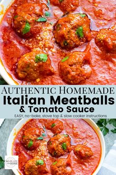 two pictures of meatballs and tomato sauce