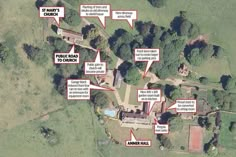 this is an aerial view of the house and surrounding grounds with red arrows pointing in different directions