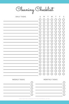 the cleaning checklist is shown in black and white, with blue trimmings