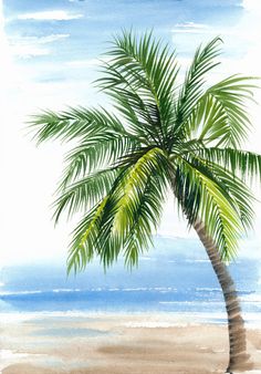 watercolor painting of a palm tree on the beach