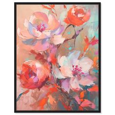 an abstract painting with pink and red flowers