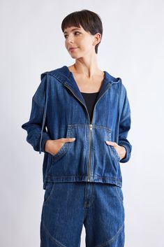 This longer take on the typical denim jacket makes for a stylish top layer for any look, smart of casual. Pair with the Relaxed Light Denim Joggers for a bold denim vibe. Hoodie with drawcord Long sleeves Split kangaroo pockets Full zip closure Ribbed cuffs Oversized fit Hooded Denim Jacket, Stylish Top, Denim Joggers, Light Denim, Oversized Fits, Hooded Jacket, Kangaroo, Fashion Forward, Denim Jacket