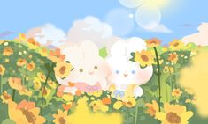 two white rabbits sitting in the middle of sunflowers with blue sky and clouds behind them