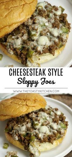 cheesesteak style sloppy joes on a white plate with the title above it