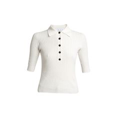 Proenza Schouler White Label "Cooper" cable-knit polo top with ribbed trim  Point collar; button placket  Short sleeves Fitted silhouette Hem sits at the hip Pullover style Cotton/nylon/polyamide/silk Dry clean Imported Fitted Textured Knit Collared Sweater, Fitted White Polo Sweater For Work, Knit Workwear Polo Sweater With Buttons, Knit Polo Sweater With Buttons For Workwear, Fitted Polo Sweater With Button Closure, Classic Workwear Sweater In Pointelle Knit, Fitted Knit Polo Sweater With Button Closure, Chic Textured Knit Polo Sweater For Work, Classic Pointelle Knit Sweater For Work