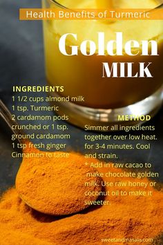 the ingredients to make golden milk are shown in this recipe, including orange powder and turment