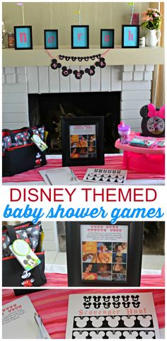 disney themed baby shower games are on display in front of a fire place and fireplace