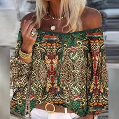 Womens Boho Tops, Tassel Blouse, Blouses Vintage, Chiffon Blouses, Mode Hippie, Chic Blouses, Vintage Floral Print, Chiffon Long Sleeve, Green Blouse