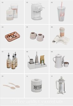 various items are shown in this image with the words coffee and beauty essentials on them