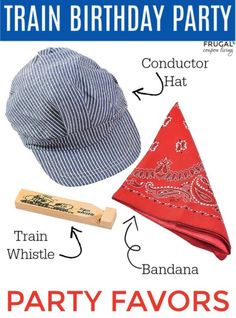 a birthday party hat, bandana and baseball bat with instructions for the party favors