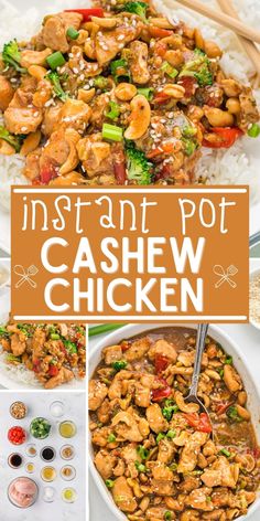 instant pot cashew chicken in a bowl with rice and chopsticks on the side