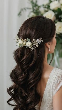 Get Gorgeous with These 14 Half Up Half Down Hairstyles for Bridesmaids - Fads Half Up Brown Wedding Hair, Half Updos For Long Hair Wedding, Hair Down Bridal Styles Medium Length, Half Up And Down Curly Hair, Half Updo Bridal Hair, Hairdo For Bridesmaid, Bridesmaid Hair With Flowers, White Dress Hairstyle, Curly Hair Half Up Half Down Wedding