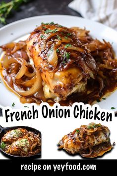 the french onion chicken is served on a white plate with onions and gravy