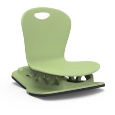 a green children's plastic chair with two legs and one foot on the ground