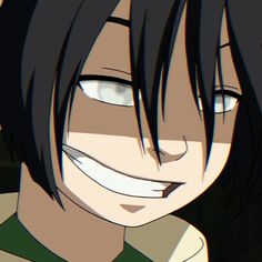 an anime character with black hair and blue eyes smiling at the camera, wearing a green shirt