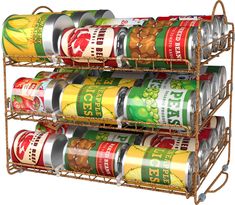 three tiered spice rack holding cans of canned food