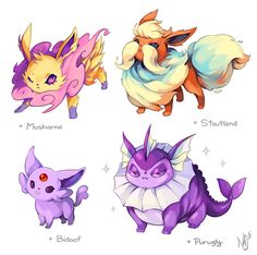 four different types of pokemons are shown in this drawing style, with the names and colors