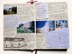 an open book with many pictures and writing on it's pages, including paper