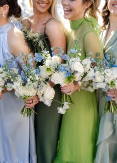 Colorful bridesmaids wearing blues and greens at Commodore Perry Estate wedding Navy Blue And Light Green Wedding, Blue Green White Bouquet, Wedding Color Schemes Spring Green, Green And Blue Wedding Bouquets, Blue White And Green Wedding Flowers, Blue And Green Wedding Aesthetic, Mix And Match Blue Green Bridesmaid Dresses, 2026 Wedding Colors, Wedding Colors Blue And Green