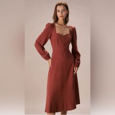 Details: - Caramel - Daily - Vintage & Brief - Solid Color - Button - A-Line - Sweetheart Neck - Long Sleeves - Midi & Mid Calf - Slim Fit - No Stretch - 70% Viscose, 30% Linen - Machine Wash Or Professional Dry This Long Sleeve Midi Dress Is A Perfect Choice For Any Occasion. The Long Sleeves, Slim Fit And A-Line Design Of The Dress Adds Movement And Flow, Making It Easy To Wear. The Sweetheart Neck And Button Detail Adds A Feminine Touch And Makes This Dress Perfect For Any Occasion. Whether Y Fitted Brown Midi Dress With Buttons, Red Buttoned Midi Dress For Fall, Brown Fitted Midi Dress With Button Closure, Fitted Brown Midi Dress With Button Closure, Caramel Dress, Wrap Midi Dress, Midi Dress Summer, Satin Midi Dress, Perfect Wardrobe